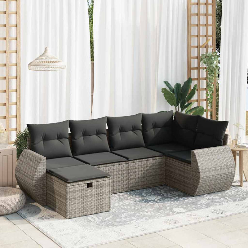 6 Piece Garden Sofa Set with Cushions Grey Poly Rattan