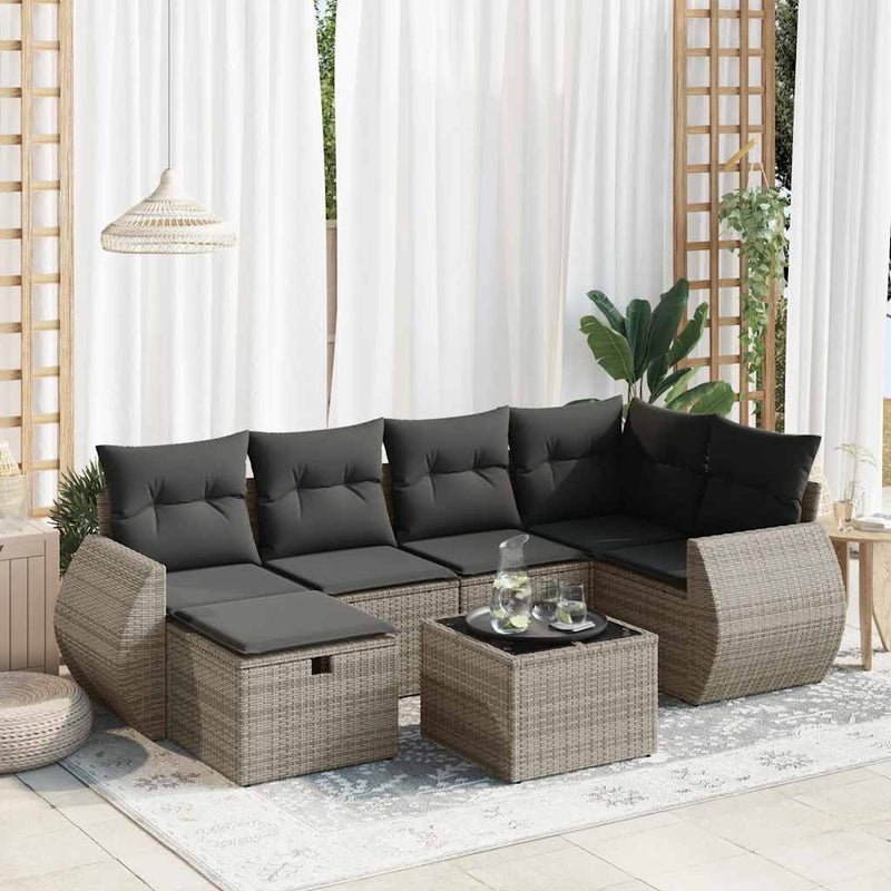 vidaXL 7 Piece Garden Sofa Set with Cushions Grey Poly Rattan
