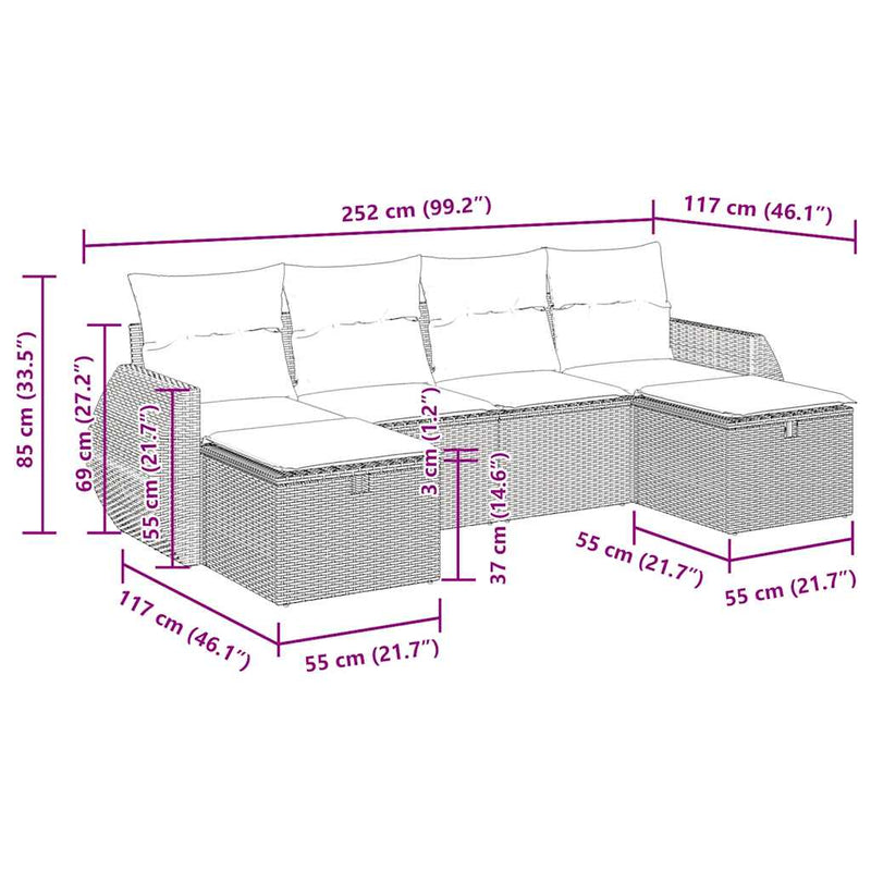 vidaXL 6 Piece Garden Sofa Set with Cushions Grey Poly Rattan
