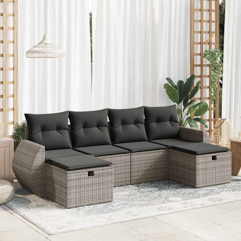 vidaXL 6 Piece Garden Sofa Set with Cushions Grey Poly Rattan