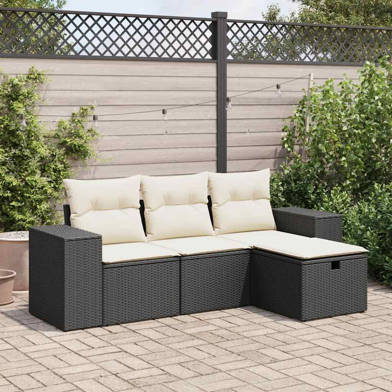 vidaXL 4 Piece Garden Sofa Set with Cushions Black Poly Rattan