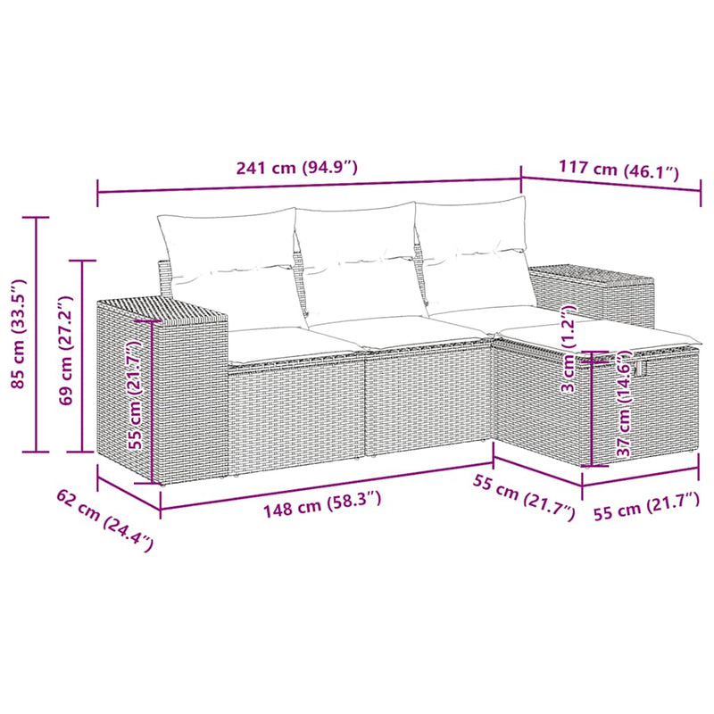 vidaXL 4 Piece Garden Sofa Set with Cushions Grey Poly Rattan