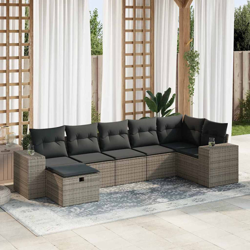 7 Piece Garden Sofa Set with Cushions Grey Poly Rattan