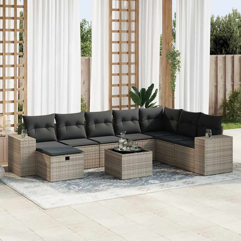 9 Piece Garden Sofa Set with Cushions Grey Poly Rattan