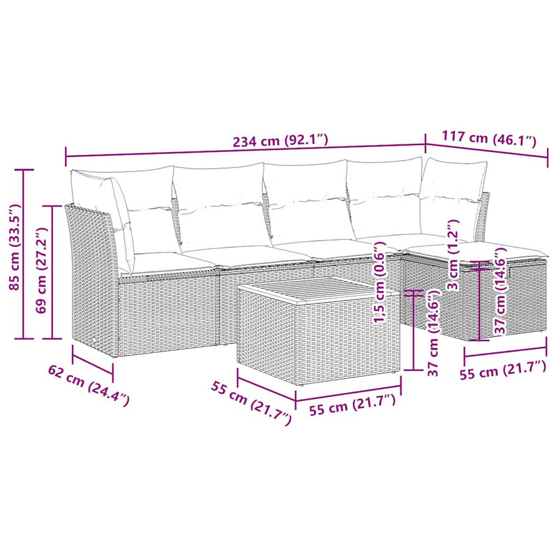 vidaXL 6 Piece Garden Sofa Set with Cushions Black Poly Rattan