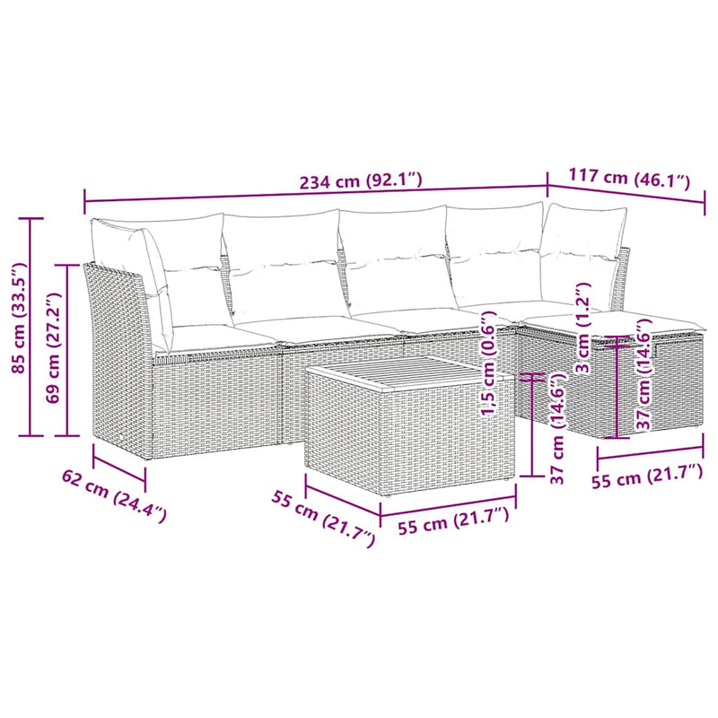 vidaXL 6 Piece Garden Sofa Set with Cushions Grey Poly Rattan