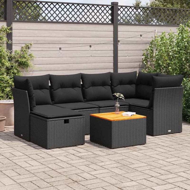 vidaXL 7 Piece Garden Sofa Set with Cushions Black Poly Rattan