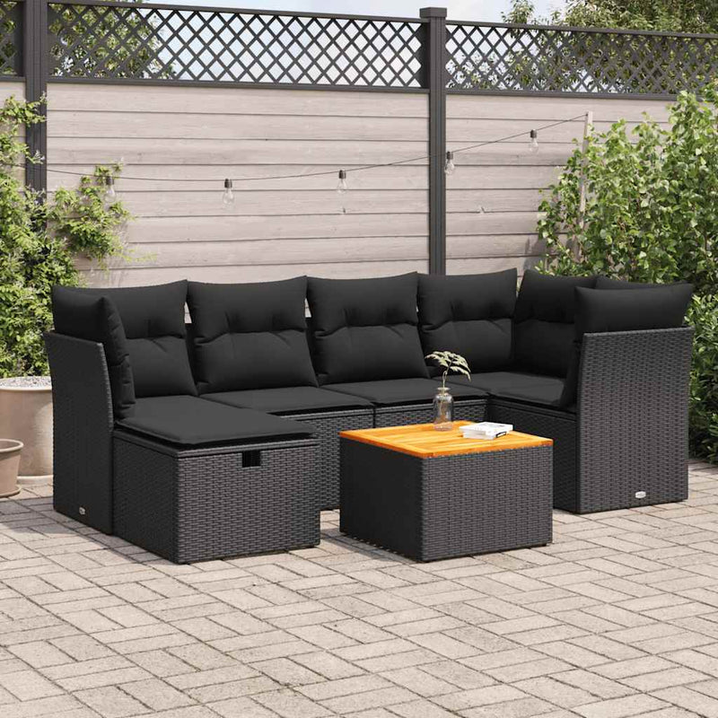 7 Piece Garden Sofa Set with Cushions Black Poly Rattan