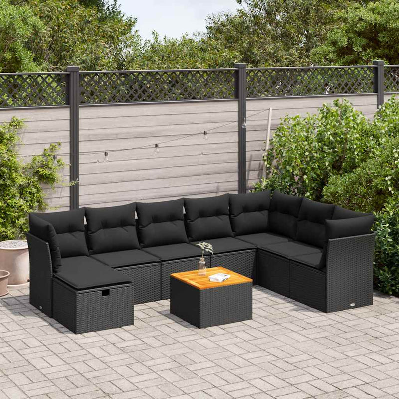 vidaXL 9 Piece Garden Sofa Set with Cushions Black Poly Rattan