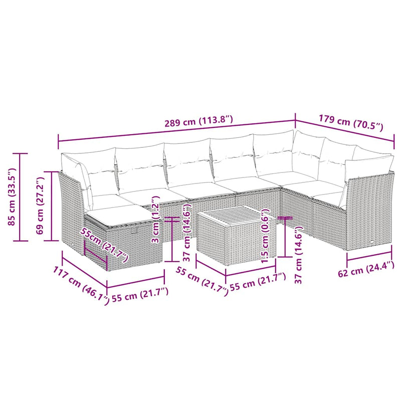 vidaXL 9 Piece Garden Sofa Set with Cushions Grey Poly Rattan