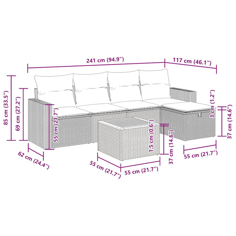 vidaXL 6 Piece Garden Sofa Set with Cushions Black Poly Rattan