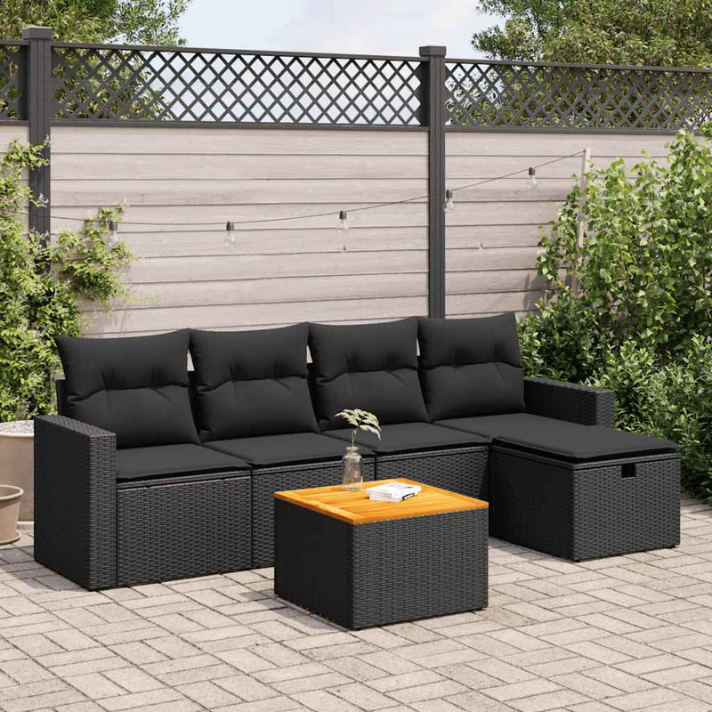 vidaXL 6 Piece Garden Sofa Set with Cushions Black Poly Rattan