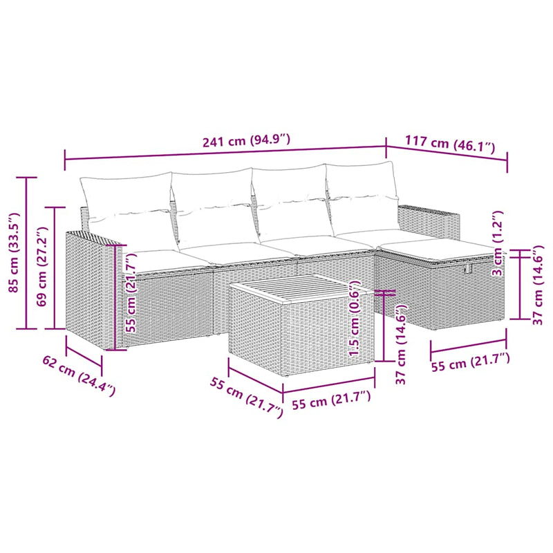 vidaXL 6 Piece Garden Sofa Set with Cushions Black Poly Rattan