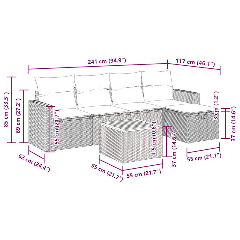 vidaXL 6 Piece Garden Sofa Set with Cushions Grey Poly Rattan