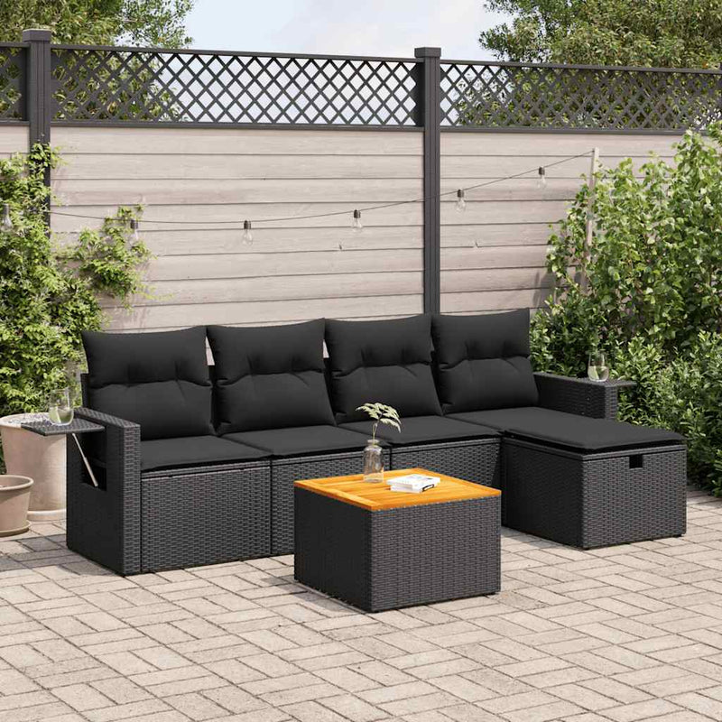 vidaXL 6 Piece Garden Sofa Set with Cushions Black Poly Rattan