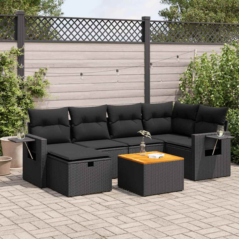 vidaXL 7 Piece Garden Sofa Set with Cushions Black Poly Rattan
