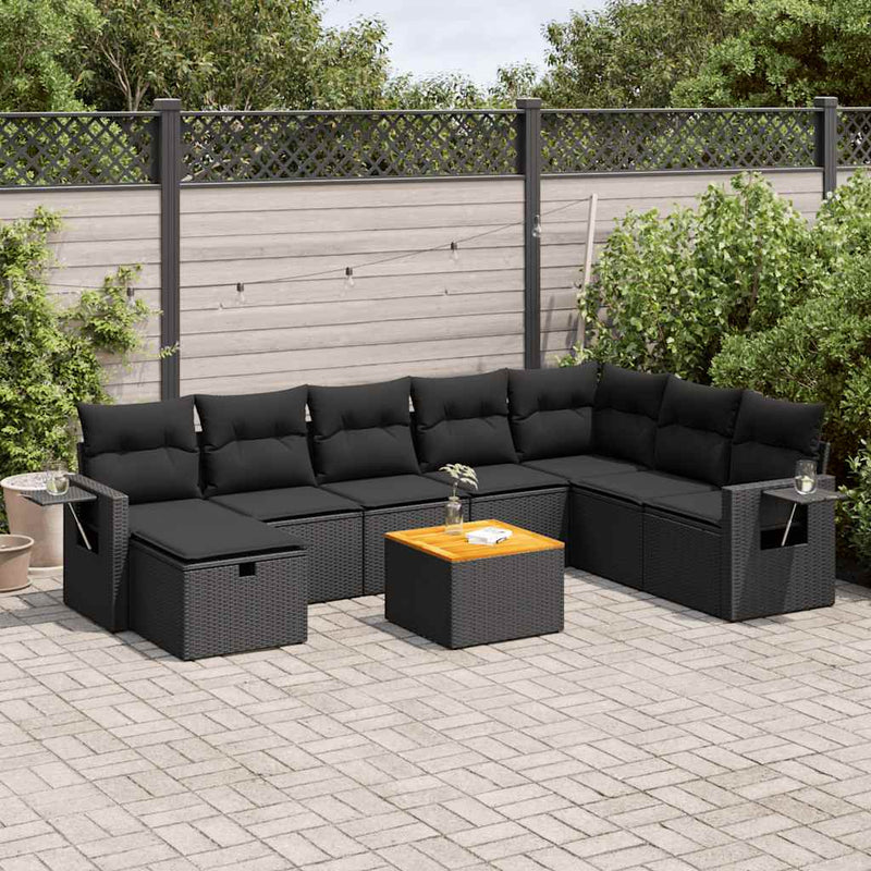 vidaXL 9 Piece Garden Sofa Set with Cushions Black Poly Rattan