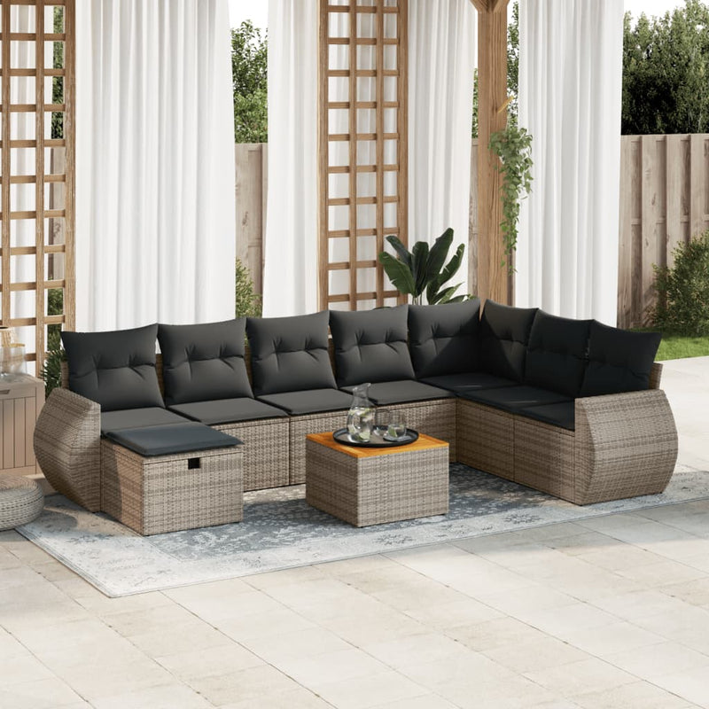 9 Piece Garden Sofa Set with Cushions Grey Poly Rattan