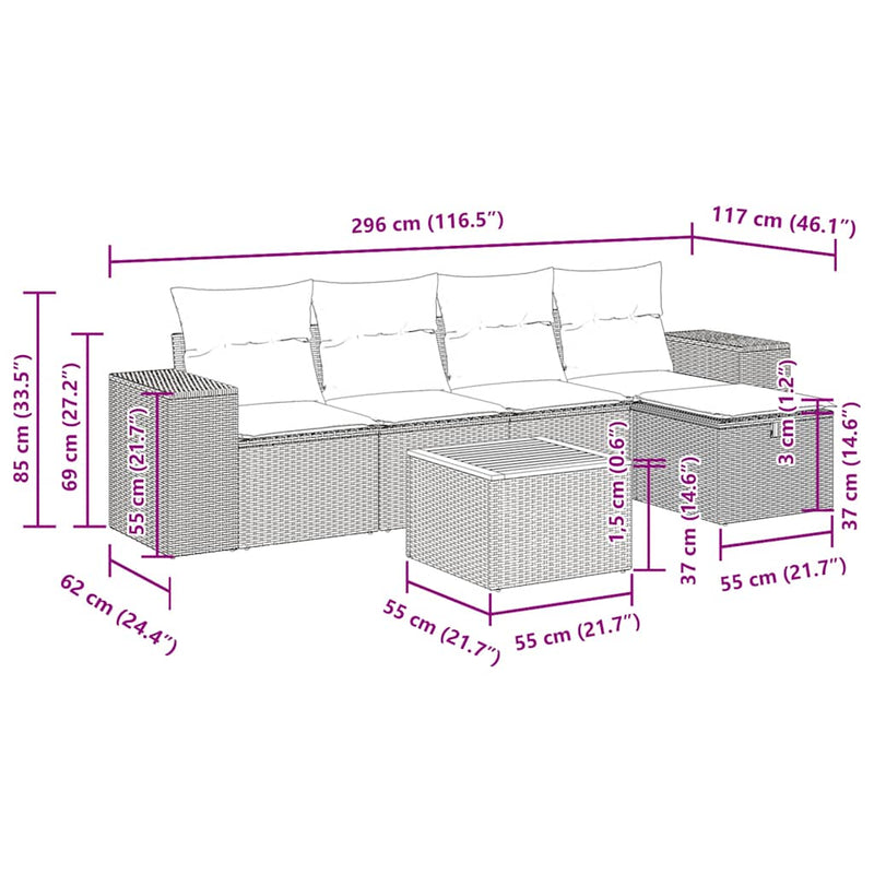 vidaXL 6 Piece Garden Sofa Set with Cushions Grey Poly Rattan