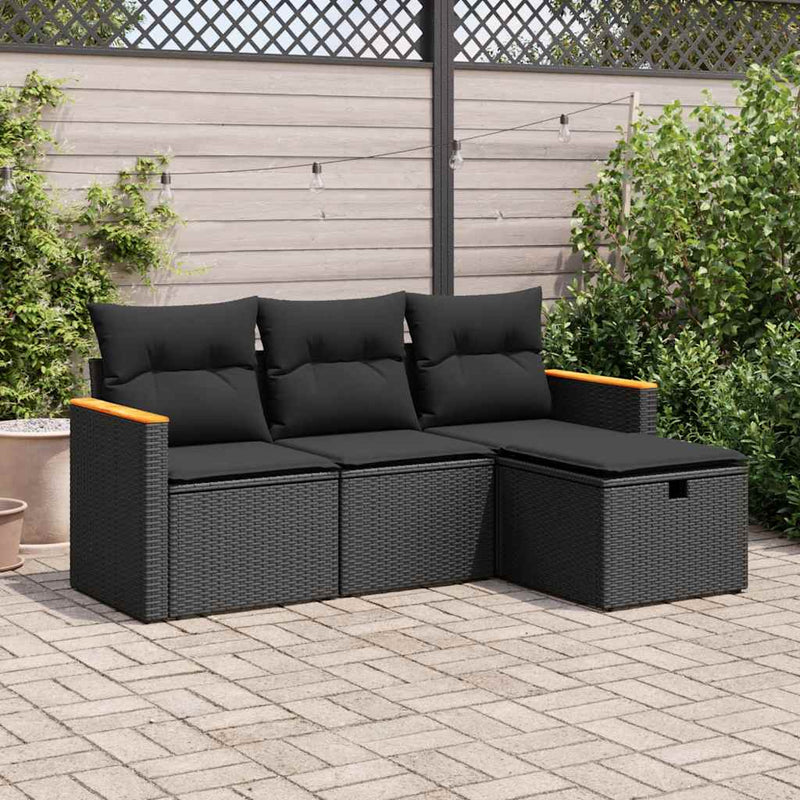 vidaXL 4 Piece Garden Sofa Set with Cushions Black Poly Rattan