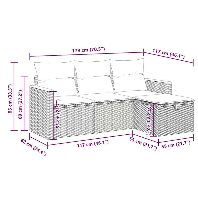 vidaXL 4 Piece Garden Sofa Set with Cushions Grey Poly Rattan