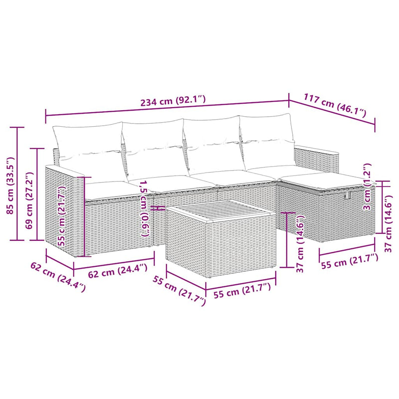 vidaXL 6 Piece Garden Sofa Set with Cushions Black Poly Rattan