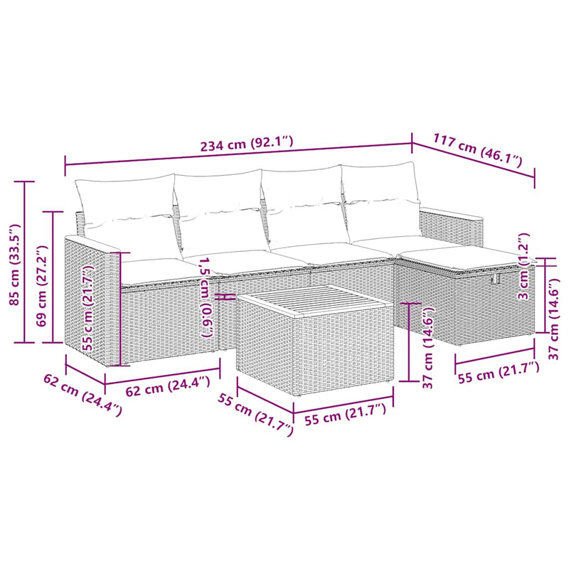 vidaXL 6 Piece Garden Sofa Set with Cushions Grey Poly Rattan