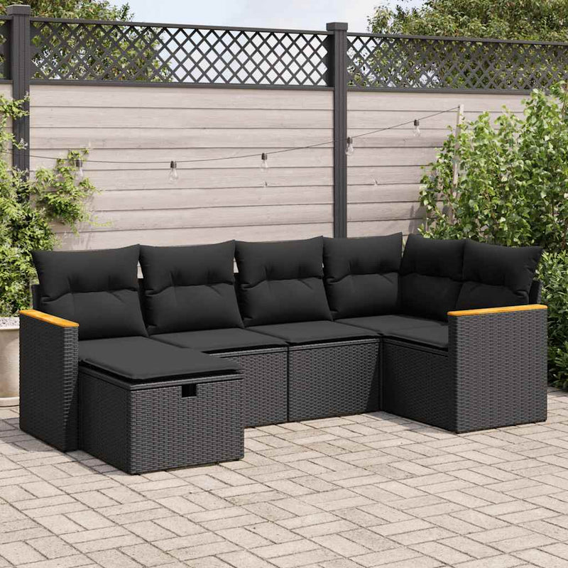 vidaXL 6 Piece Garden Sofa Set with Cushions Black Poly Rattan