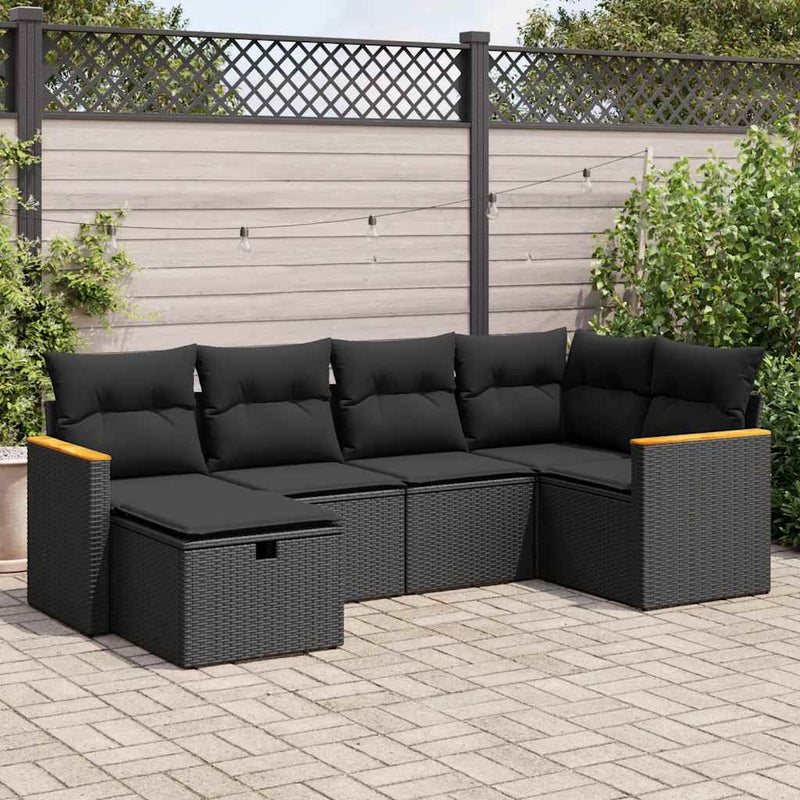 6 Piece Garden Sofa Set with Cushions Black Poly Rattan