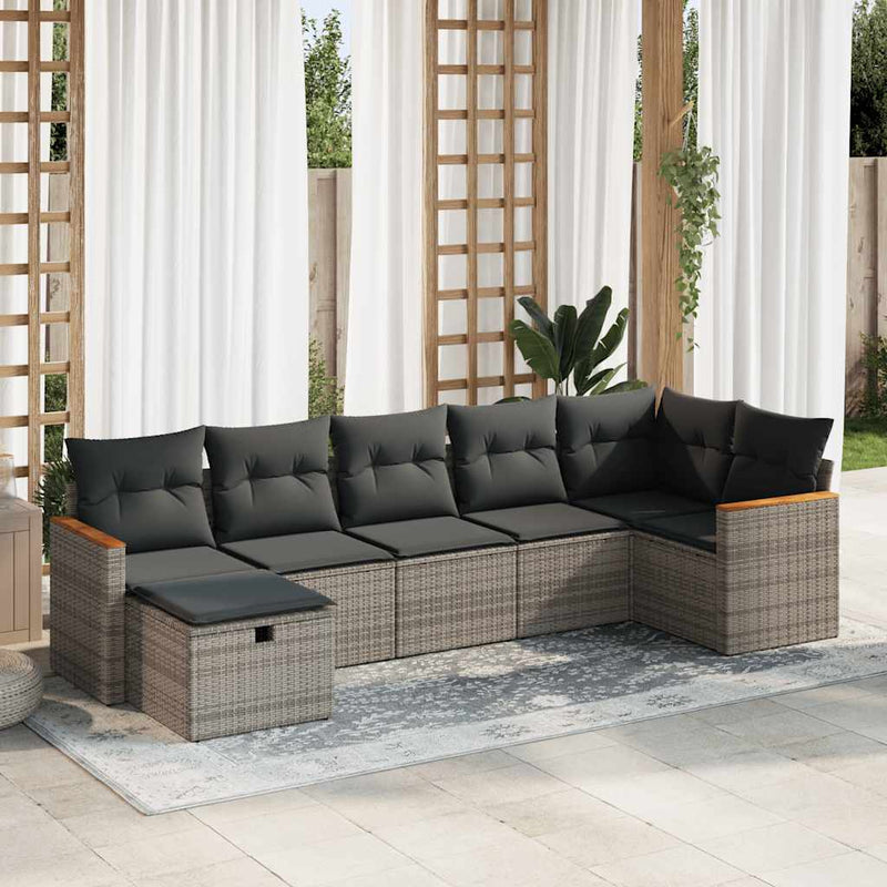 7 Piece Garden Sofa Set with Cushions Grey Poly Rattan