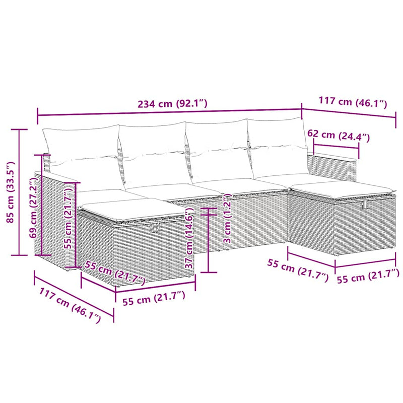 vidaXL 6 Piece Garden Sofa Set with Cushions Grey Poly Rattan