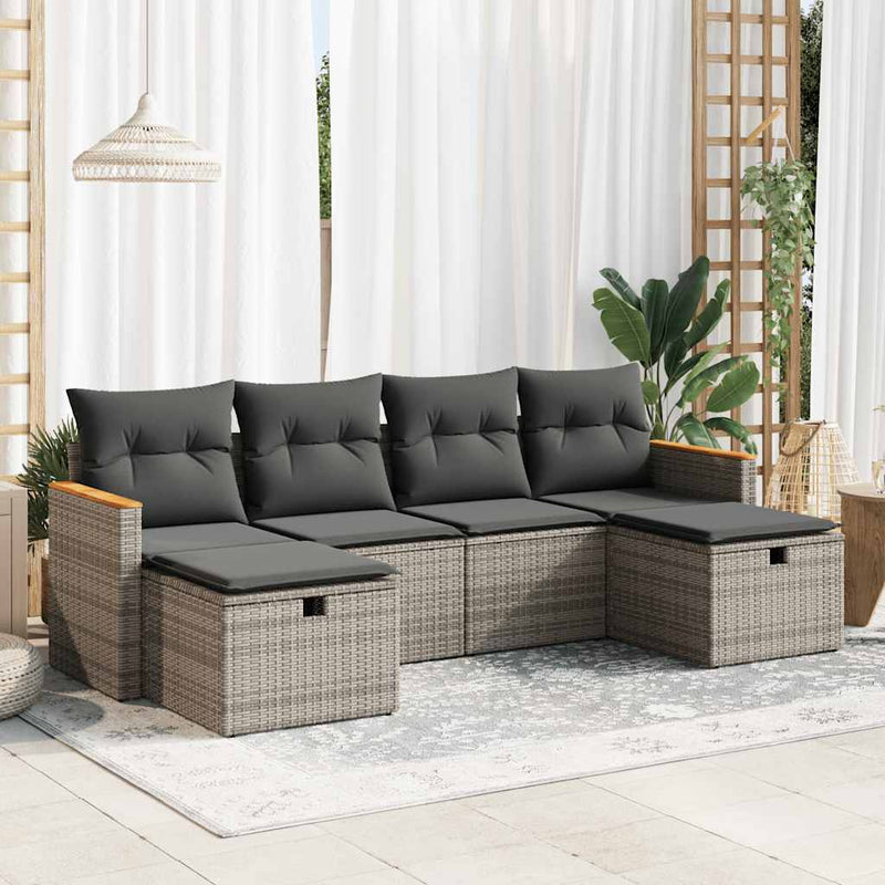 vidaXL 6 Piece Garden Sofa Set with Cushions Grey Poly Rattan