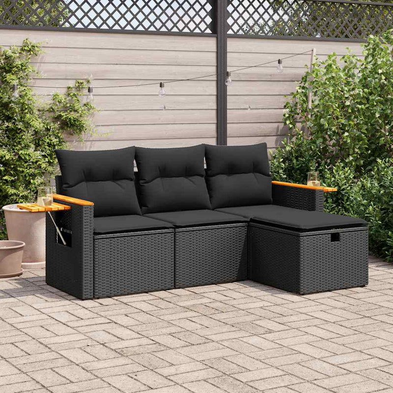 vidaXL 4 Piece Garden Sofa Set with Cushions Black Poly Rattan