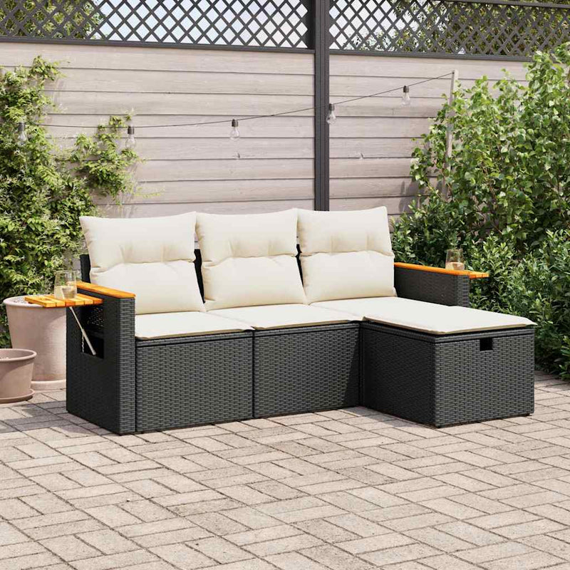 vidaXL 4 Piece Garden Sofa Set with Cushions Black Poly Rattan