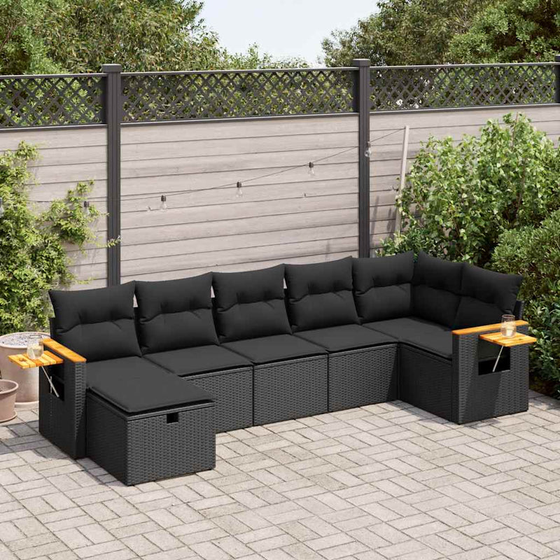 vidaXL 7 Piece Garden Sofa Set with Cushions Black Poly Rattan