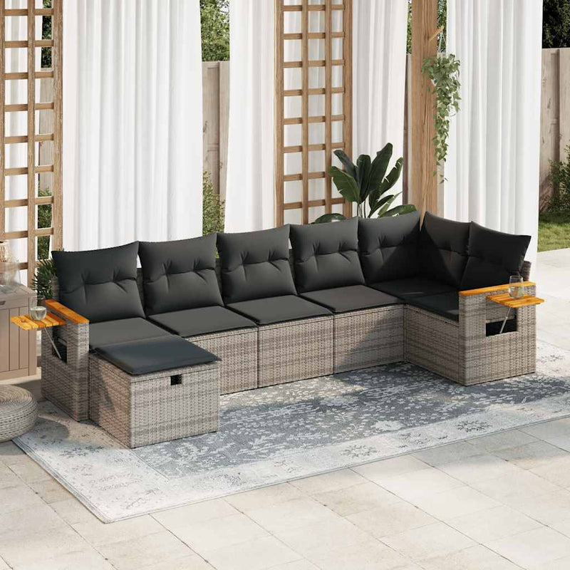 7 Piece Garden Sofa Set with Cushions Grey Poly Rattan