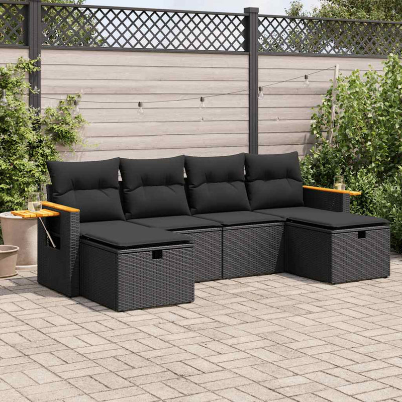 vidaXL 6 Piece Garden Sofa Set with Cushions Black Poly Rattan