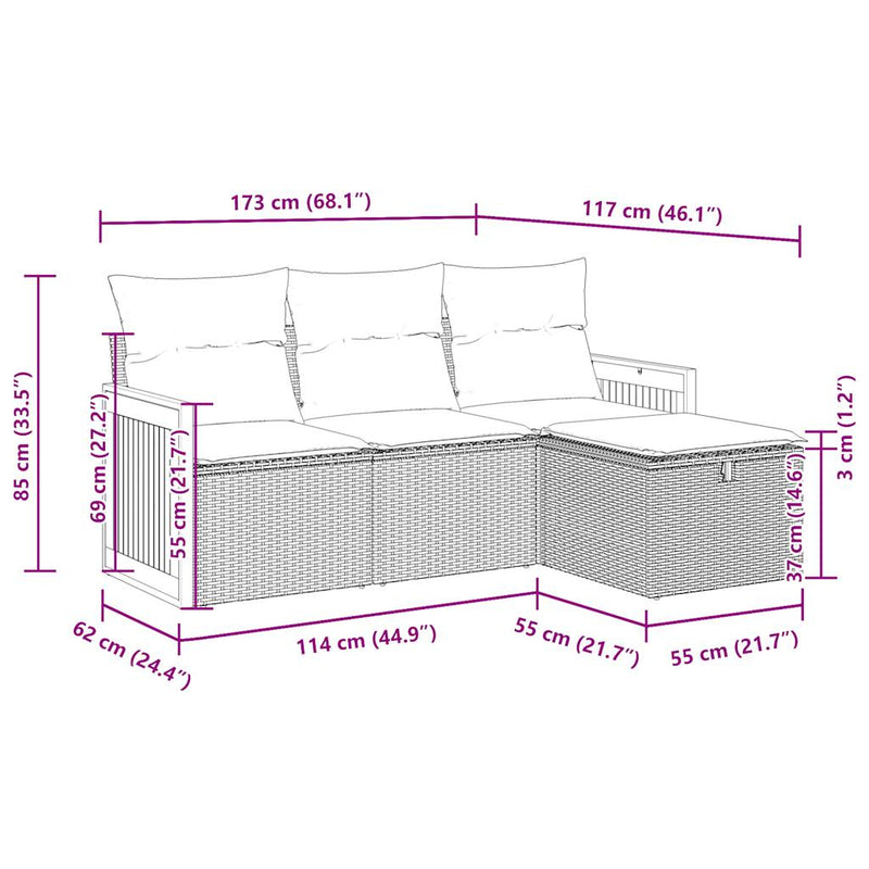 vidaXL 4 Piece Garden Sofa Set with Cushions Grey Poly Rattan