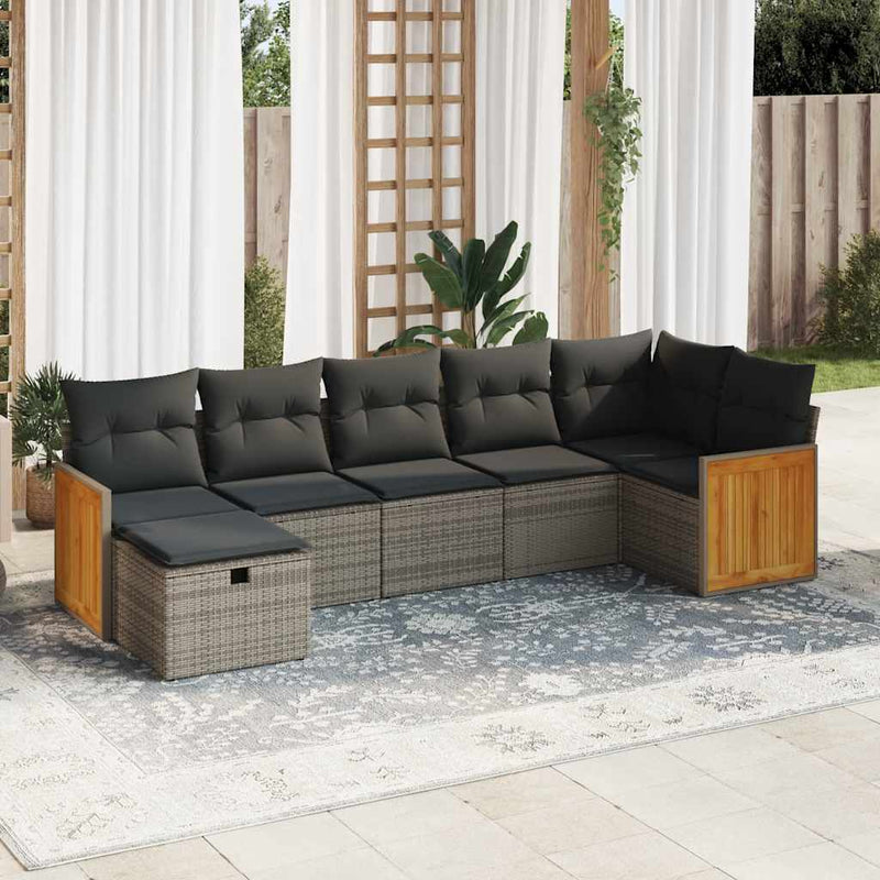 7 Piece Garden Sofa Set with Cushions Grey Poly Rattan