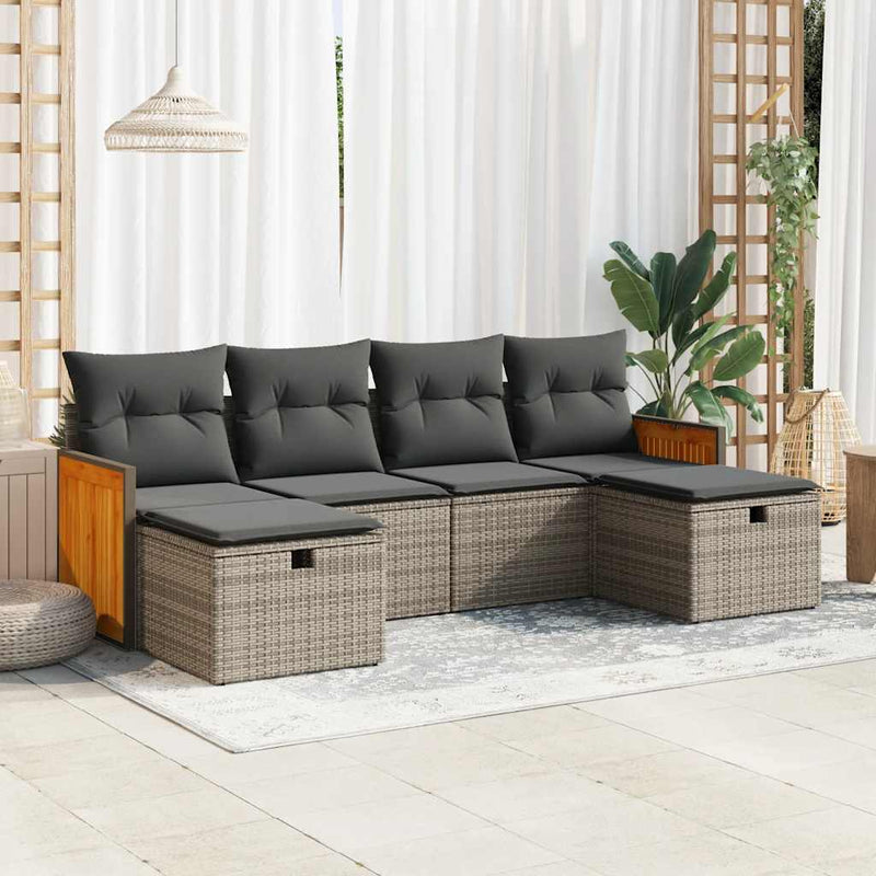 vidaXL 6 Piece Garden Sofa Set with Cushions Grey Poly Rattan