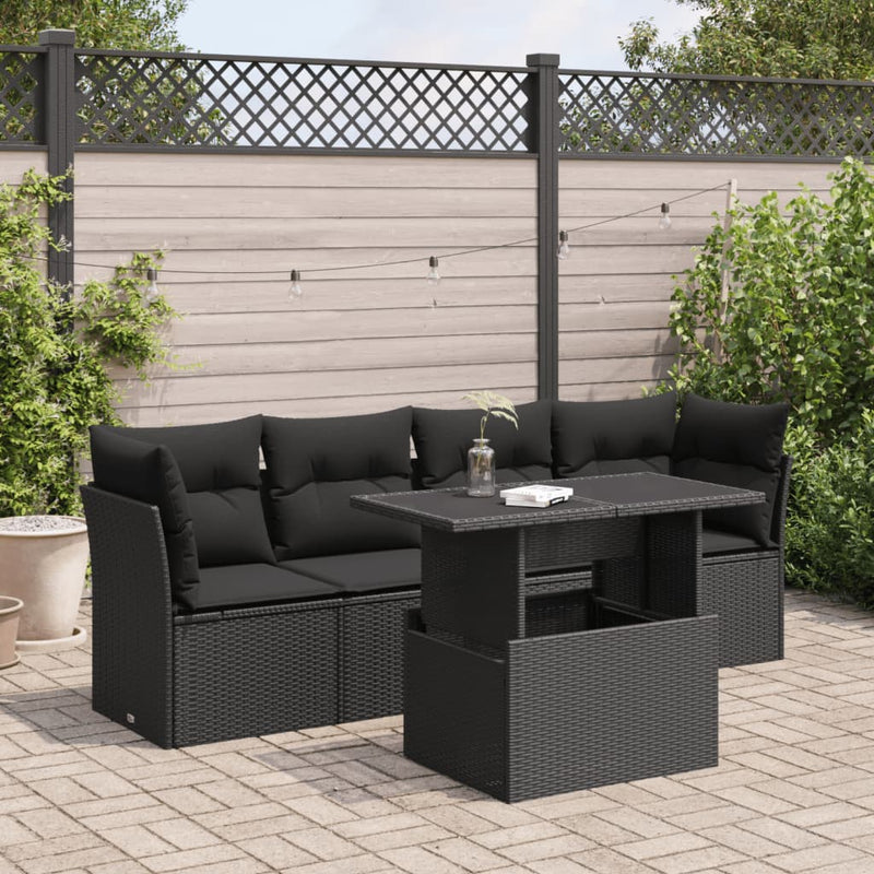 vidaXL 5 Piece Garden Sofa Set with Cushions Black Poly Rattan