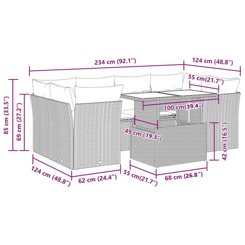vidaXL 7 Piece Garden Sofa Set with Cushions Grey Poly Rattan