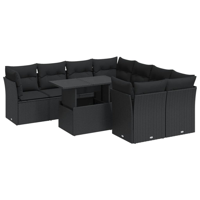 9 Piece Garden Sofa Set with Cushions Black Poly Rattan