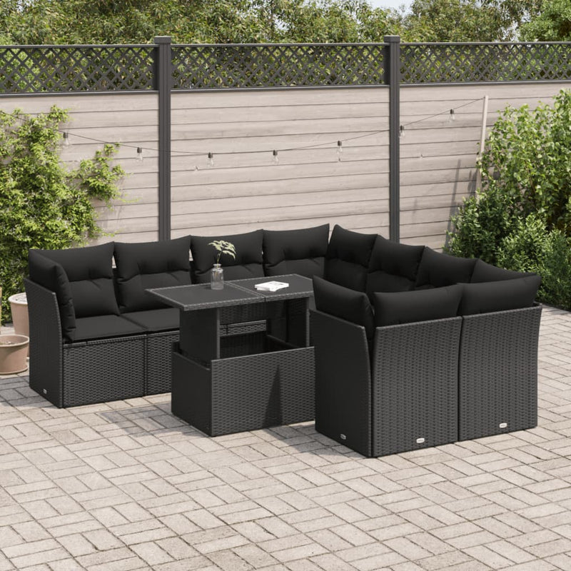 vidaXL 9 Piece Garden Sofa Set with Cushions Black Poly Rattan
