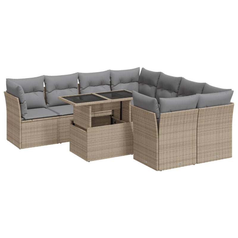 9 Piece Garden Sofa Set with Cushions Beige Poly Rattan