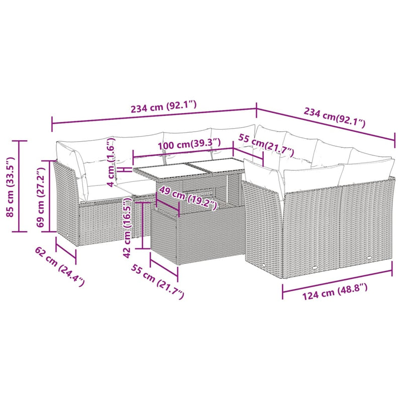 vidaXL 9 Piece Garden Sofa Set with Cushions Beige Poly Rattan