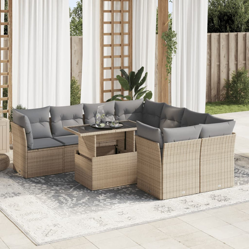 9 Piece Garden Sofa Set with Cushions Beige Poly Rattan