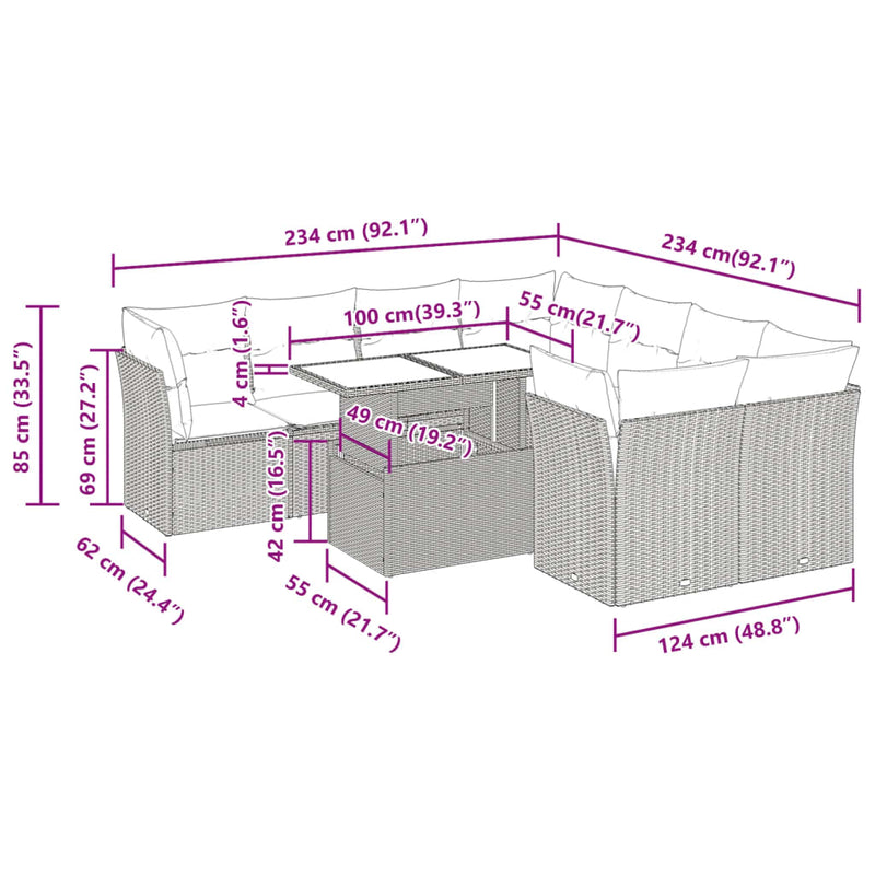 vidaXL 9 Piece Garden Sofa Set with Cushions Grey Poly Rattan