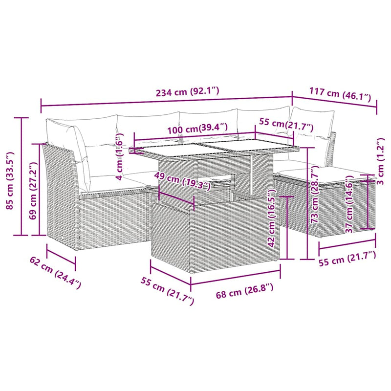 vidaXL 6 Piece Garden Sofa Set with Cushions Grey Poly Rattan