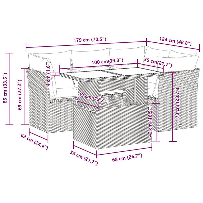 vidaXL 5 Piece Garden Sofa Set with Cushions Grey Poly Rattan